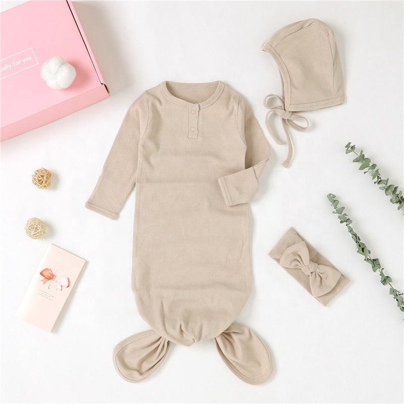 Organic Cotton Ribbed Baby Sleepsuit Baby Gown Bonnet Hat Headband 3Pcs Set