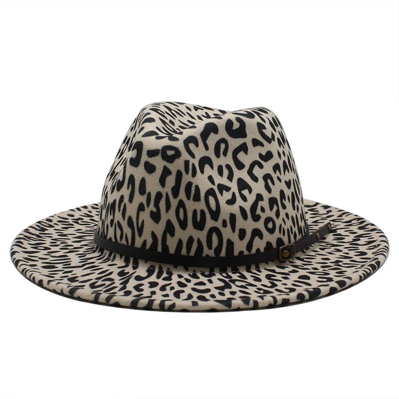 Outer Leopard Print Inner Red Wool Felt Fedora Hat for Women Wide Brim Vintage Jazz Panama Fedora Caps