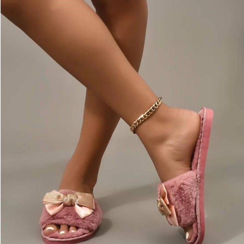 Oversized Bows Decorated Women's Flat Plush Sandals and Slippers