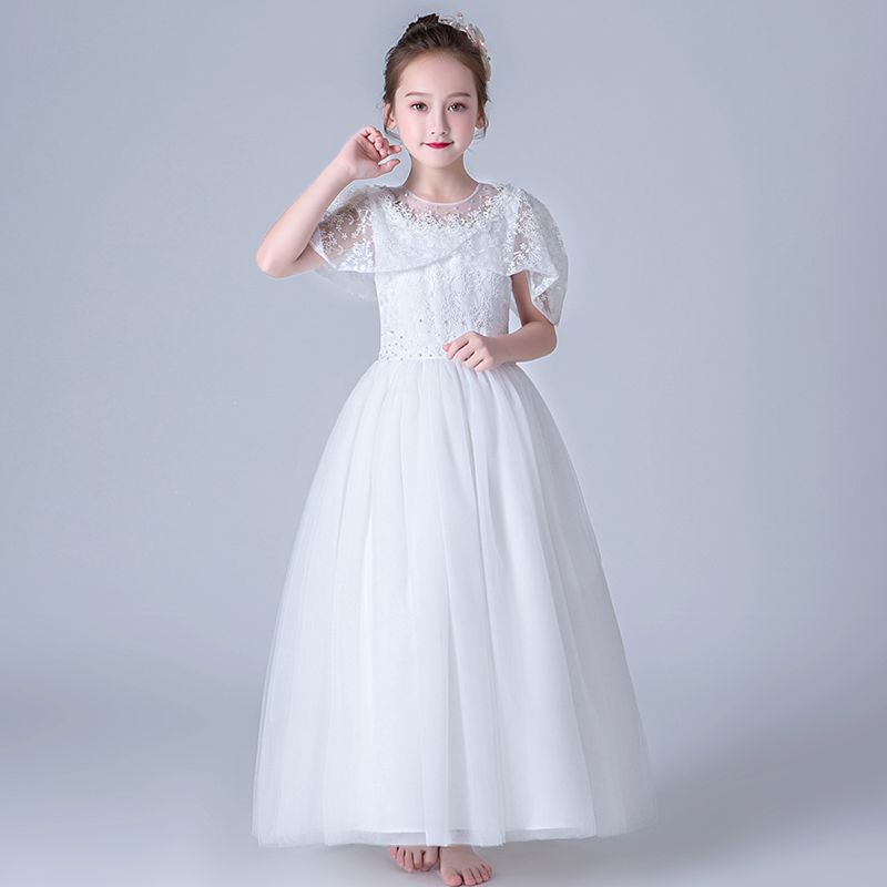Party Wear White Formal Embroidered Sequin Fluffy Prom Wedding Flower Girls' Dresses First Communion