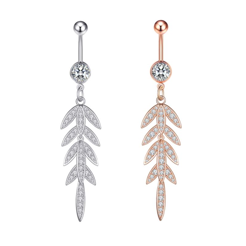 Paved Zircon Long Leaf Dangle Belly Button Rings with Women Beach Curved Surgical Steel Belly Rings