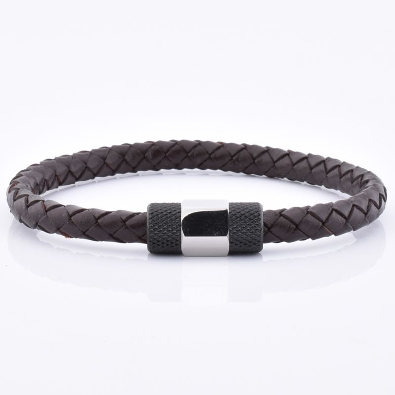 Personalized Charm Men Braided Brown Wristband Stainless Steel Leather Bracelet