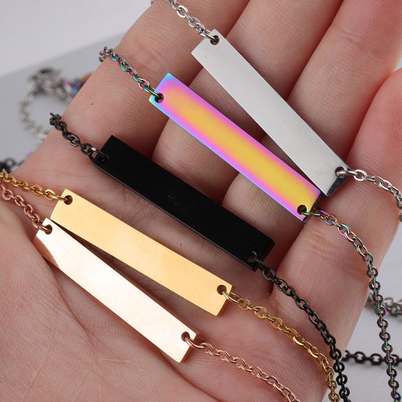 Personalized Name Stainless Steel Choker Necklace 18K Gold Plated Square Horizontal Blank Bar Pendant Necklaces Women
