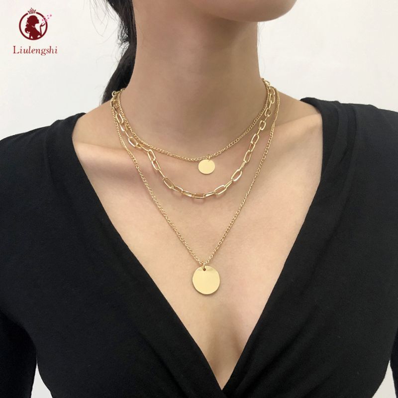 Personalized Triple Layer Link Chain Multilayer Gold Plated Double Coin Disc Pendant Necklace for Women