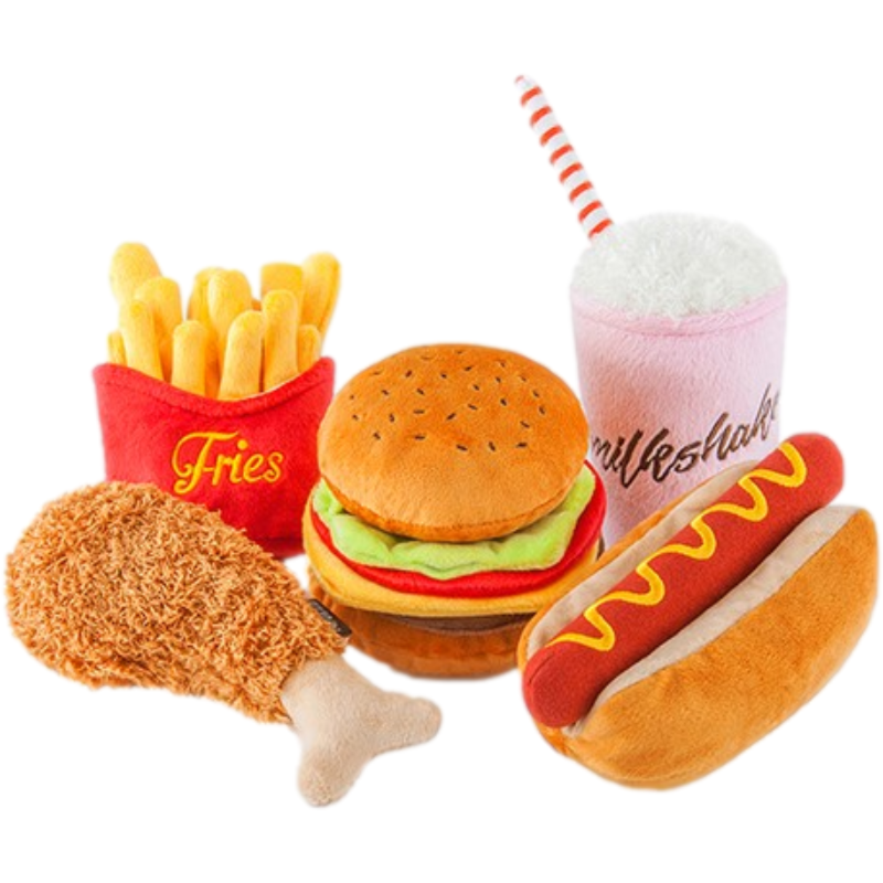 Pet Toys Set Stuffed Fries Hamburger Fried Chicken Dog Squeaky Interactive Chew Dog Toys for Pet Toys