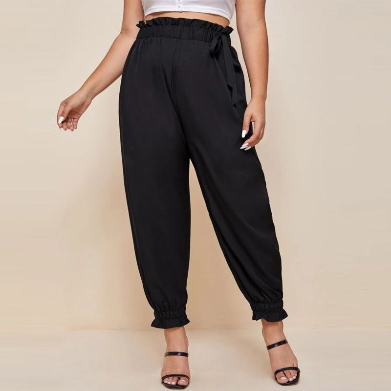 plus Size Elasticated Waist Women Harem Pants Casual High Waist Trousers with Bow for Ladies