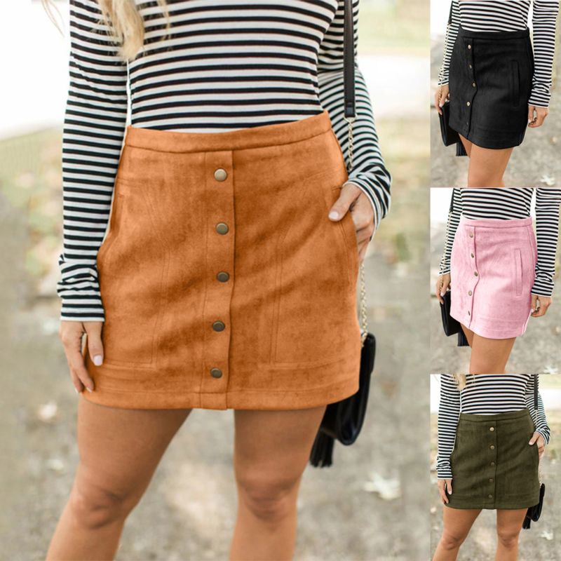 Polyester High Waist Button Mini Skirts Ladies Shorts Women's Skirt with Pockets