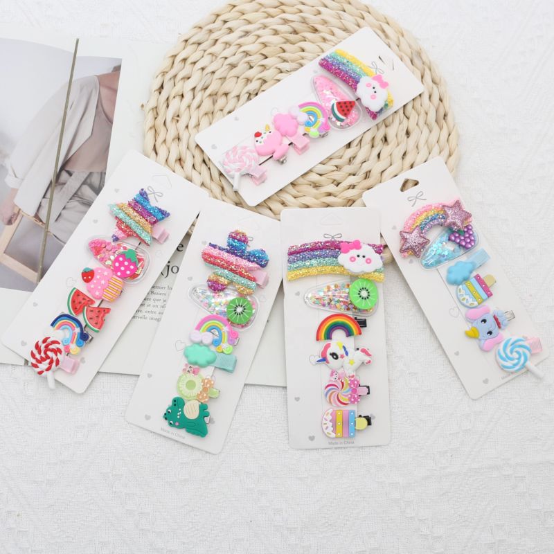 Popular 6Pcs Cute Cartoon Kid Hair Clip Soft Glue Rainbow Lollipop Unicorn Bb Children's Hair Pin