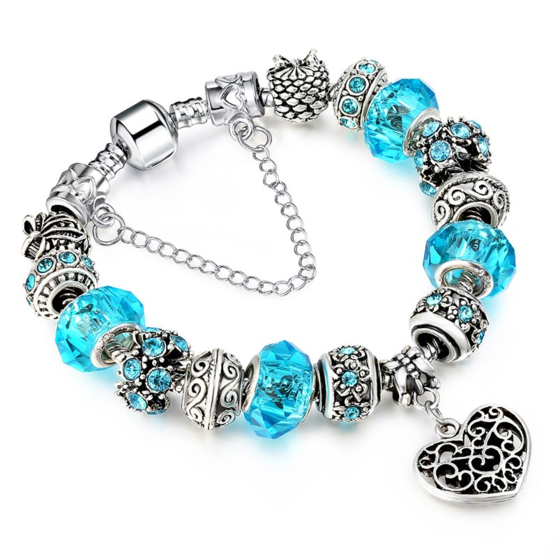 Popular Design Silver Plated Micro Pave Diamond Beaded Bracelet Blue Crystal Beads Hollow Heart Charms Bracelet