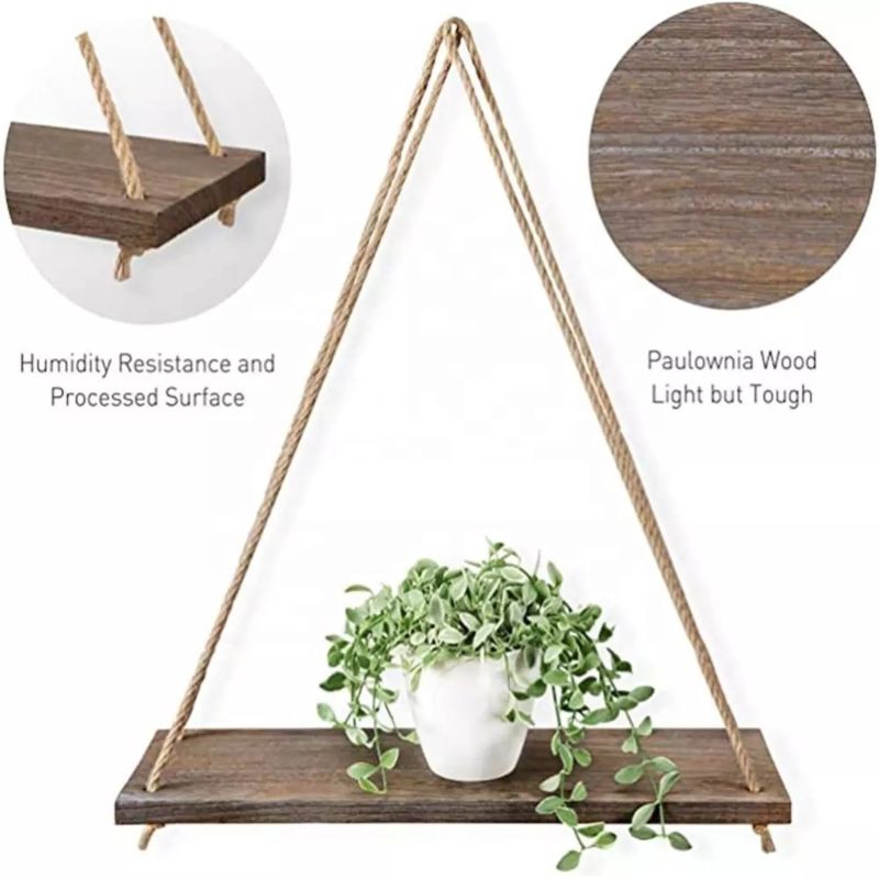 Premium Wood Swing Hanging Rope Wall Mounted Floating Shelves Plant Flower Pot Indoor Outdoor Decoration Simple Design