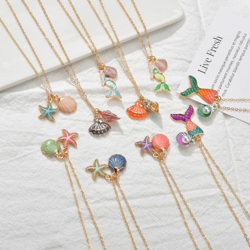 Product Cute Design Alloy Gold Plated Seashell Starfish Mermaid Beach Style Corlorful Pendant Necklace for Kids