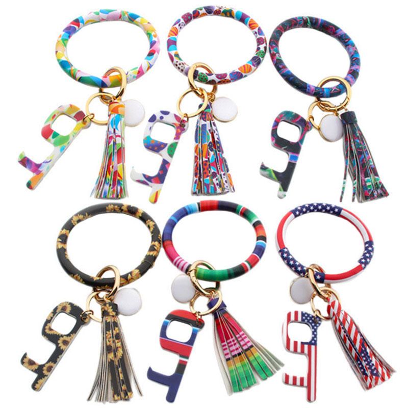 Pu Leather O Bracelet Bangle Key Chain Tassel Acrylic Door Opener Contactless Pendant Wristlet Leopard Print Tassels Key Ring