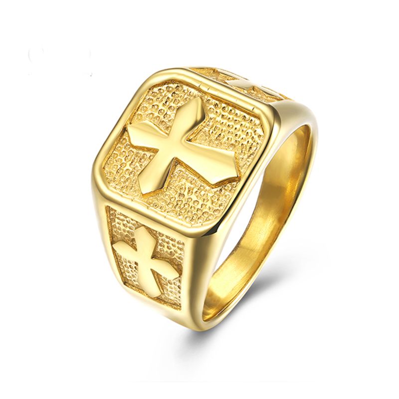 Punk Rock 18K Plated Gold Stainless Steel Cross Rings for Men Jewelry