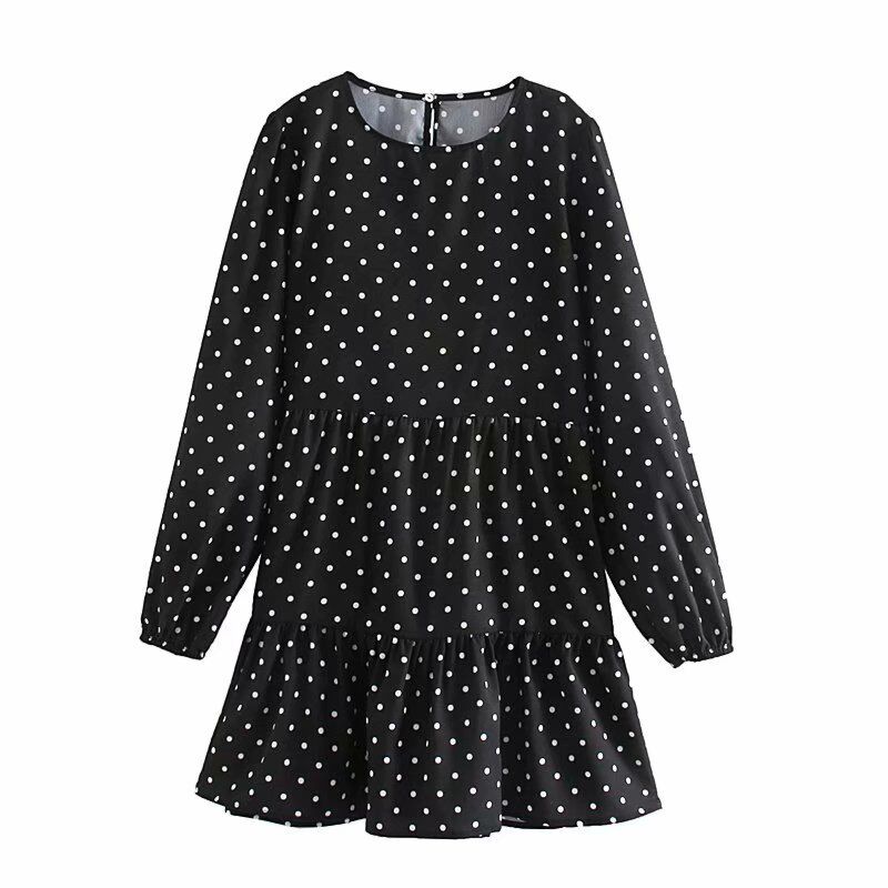 Qz948 Women Brief Long Sleeve O Neck Dot Print Mini Dress Ladies Chic Stylish Mix Match Spring Autumn Dresses Vestidos