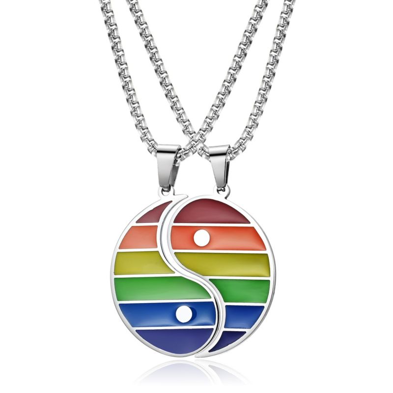 Rainbow Gay Couple Stainless Steel Pride Necklace Yinyang Pendant Necklace for Unisex