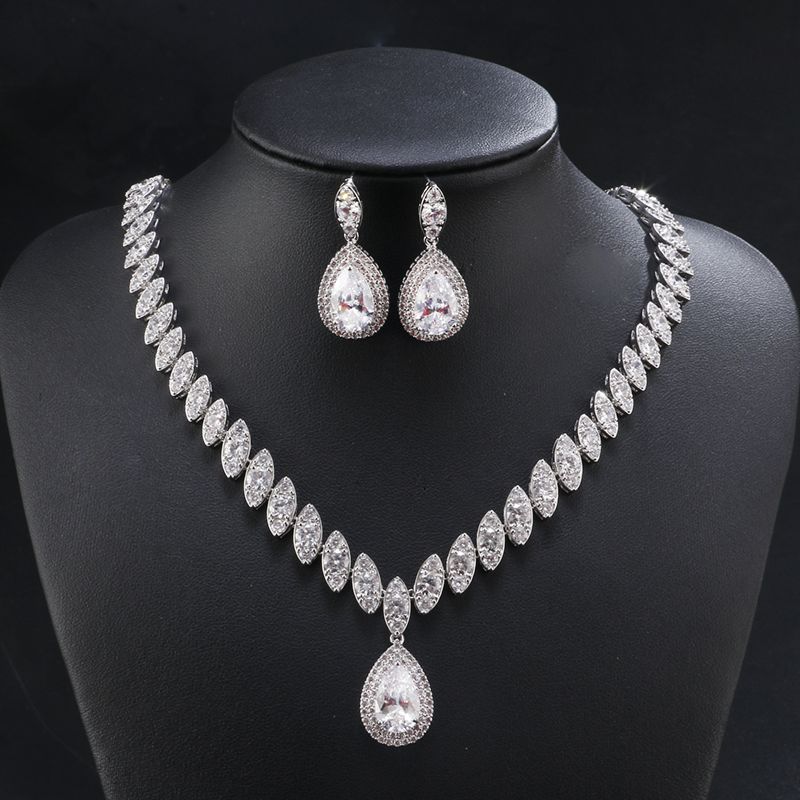 Rakol Sp057 Luxury Teardrop Water Shape Zircon Horse Eye Cz Necklace Earrings Jewelry Set