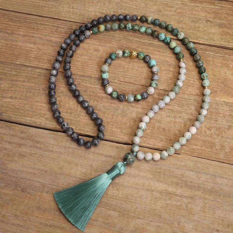 Raw Stone Necklace Handmade Africa Turquoise Mala Necklace 108 Beads Yoga Lotus Bracelet