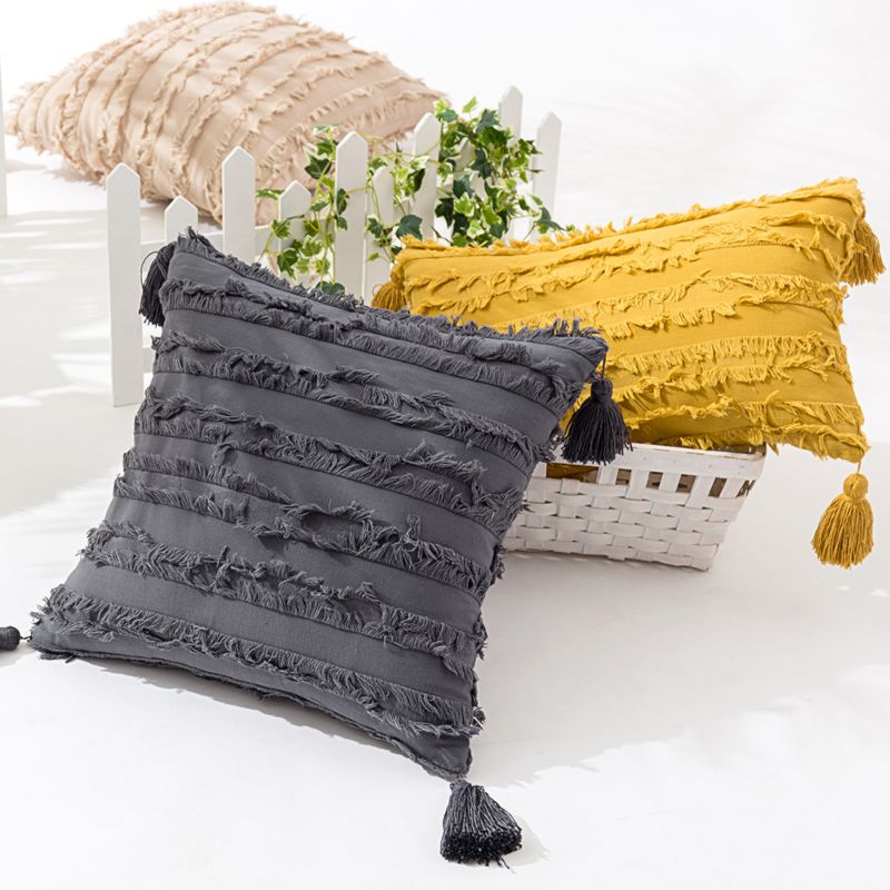 Ready Made Home Decoration Sofa Bed Yellow Ivory Grey Ethnic Boho Tufted Cushion Cover with Tassel