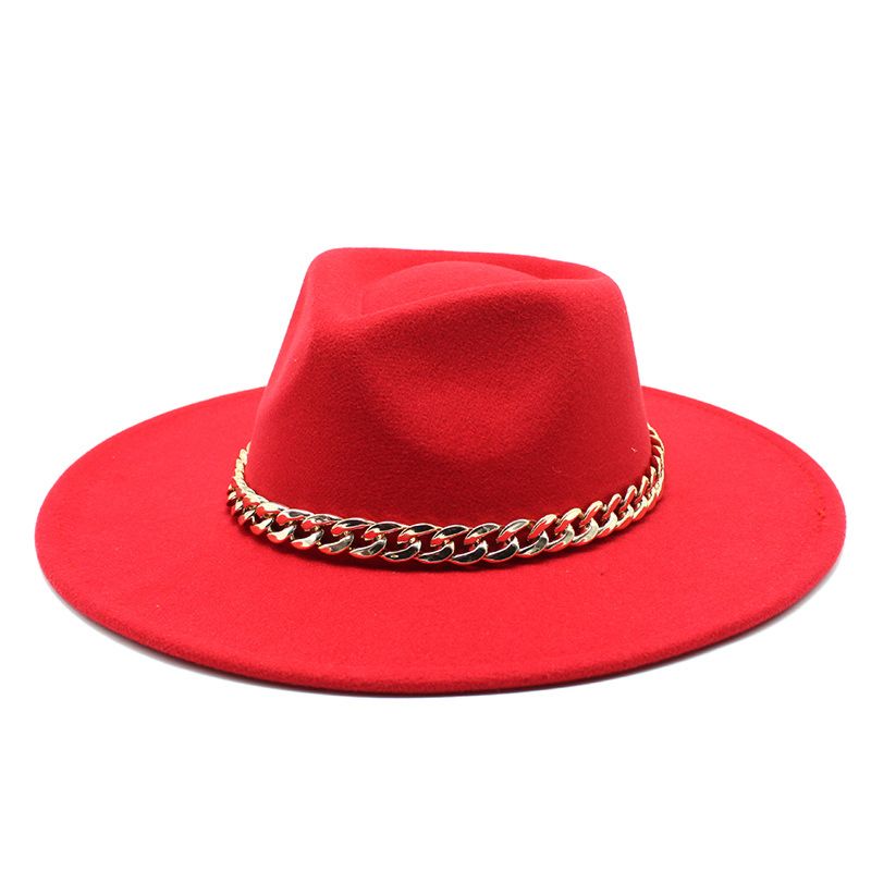 Ready to Ship Classic Men& Women Red Jazz Hat Unisex Panama Hat 8.5Cm Wide Brim Fedora Hat with Chain Belt 12 Colors