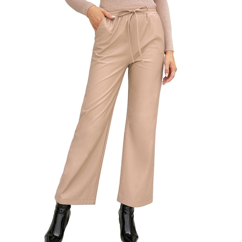 Ready to Ship Female Casual Pu High Waist Wide Leg Faux Leather Pants for Women