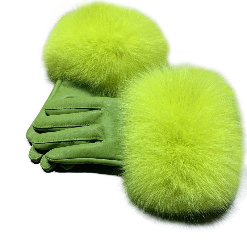 Real Fox Fur Gloves Women / Genuine Sheepskin Motorcycle Women Leather Gloves /Warm Leather Real Fur Gloves