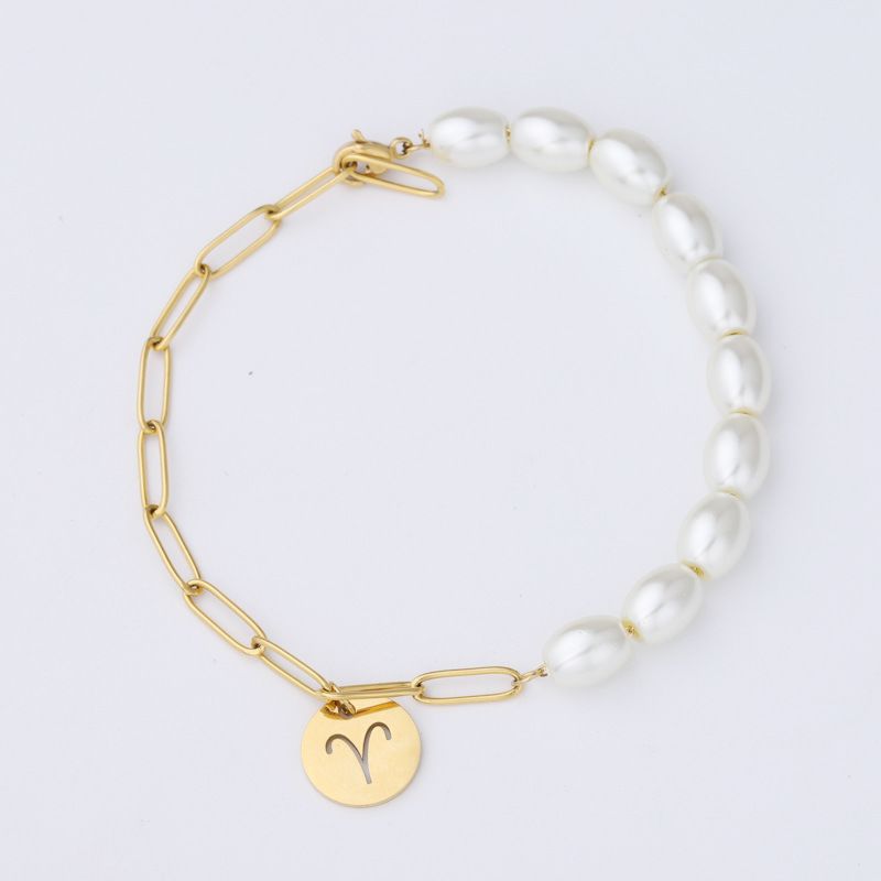 Real Gold Plated Stainless Steel Link Chain 12 Zodiac Water Pearl Bracelet