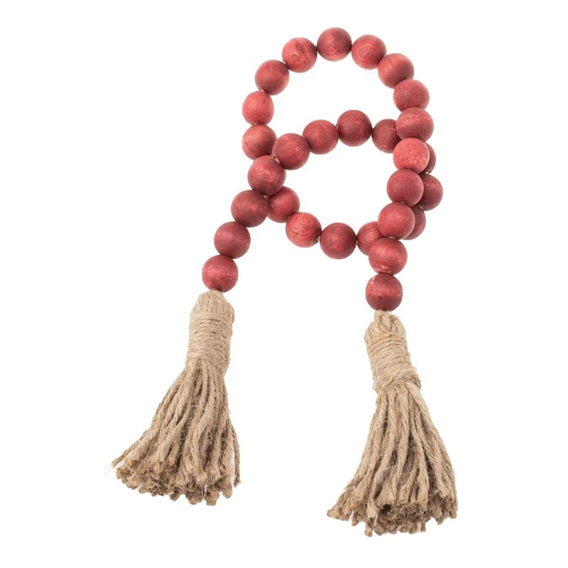 Red Farmhouse Wood Bead Garland with Tassels, Rustic Christmas, Home Decor Beads