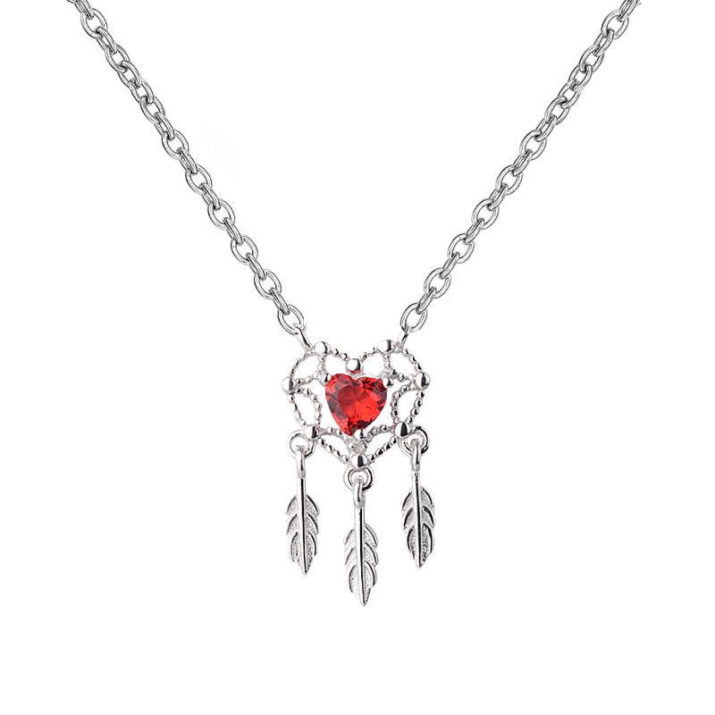 Red Heart Pendant 925 Sliver Dream Catcher Feather Necklace