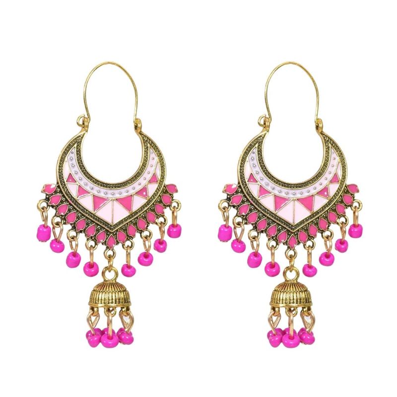 Retro Beads Tassel Earrings Set Women's Ethnic Gold Bell Multicolor Beads Tassel Hollow Earrings Gypsy Jewelry