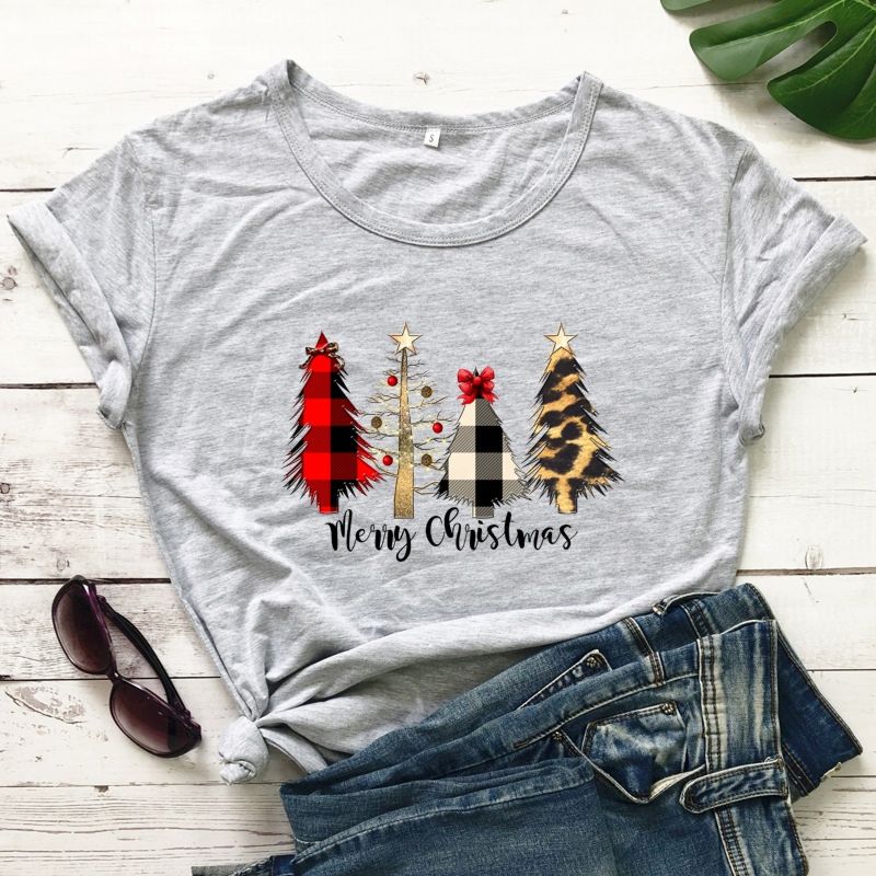 Retro Merry Christmas Trees T-Shirt Cute Women Holiday Gift Shirt