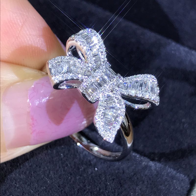 Rhodium Plated White Copper Bow Knot Bling Women Wedding Jewelry Zircon Stone Ring Bowknot Engagement Rings
