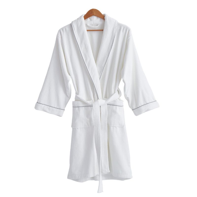 Robes Unisex 100% Cotton Velvet Fabric White Robe with Piping Shawl Collar Daily Bathrobe