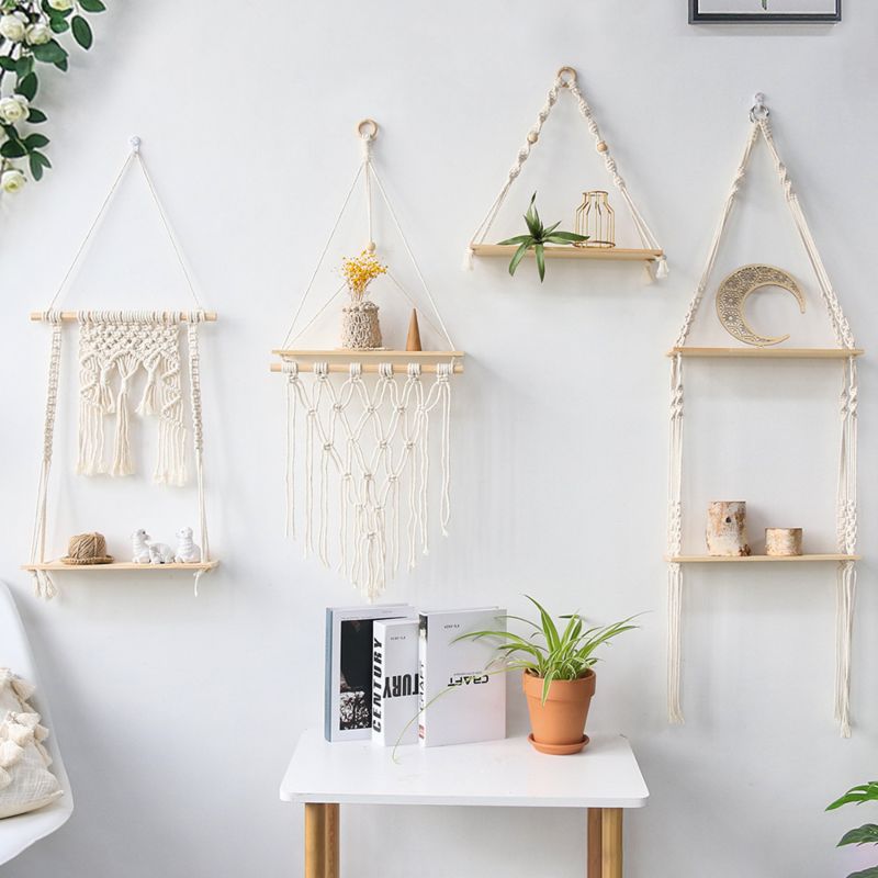 Rope Plant Flower Hanger Pot Holder, Decorative Wooden Macrame Wall Shelf, Boho Wall Hanging Decor