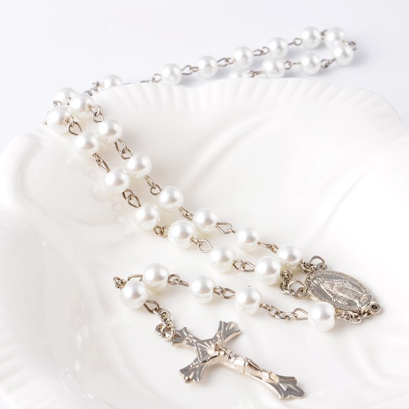 Rosary Bead Necklace Crystal Cross Pendant Necklace Catholic Religious