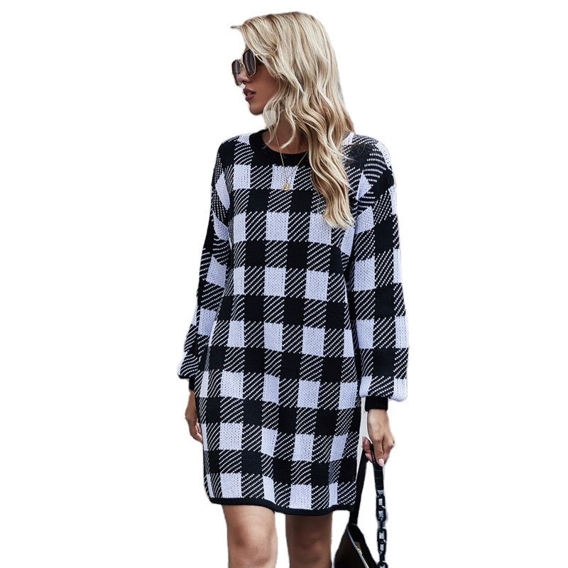 round Neck Women's Sweater Dress Plaid Knitted Dress