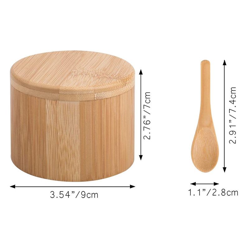 Round Shape 100% Natural Bamboo Salt and Pepper Seasoning Jar Box with Spoon and Swiver Lid