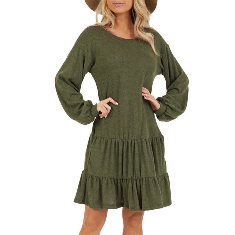 Ruffle Hem Pocketed Solid-Colored round Neck Long Sleeve Midi Dress