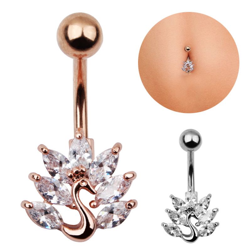 Ruigang Women Body Jewelry Crystal Medical Steel Button Piercing Zircon Peacock Belly Bars Navel Rings