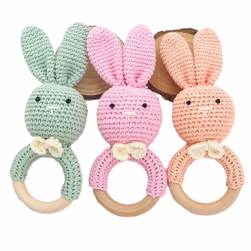 Safety Bpa Free Silicone Baby Wooden Rabbit Crochet Bunny Rattles