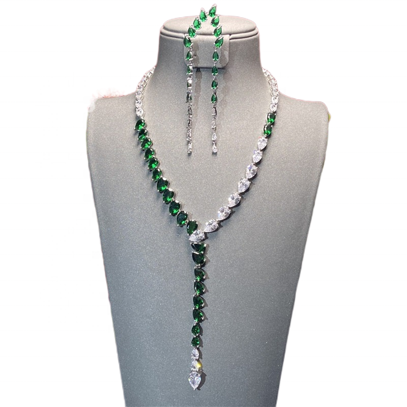 Saudi Arabian Necklace Set Women's Transparent Green Cubic Zircon Drop Shaped Long Pendant Earring Set