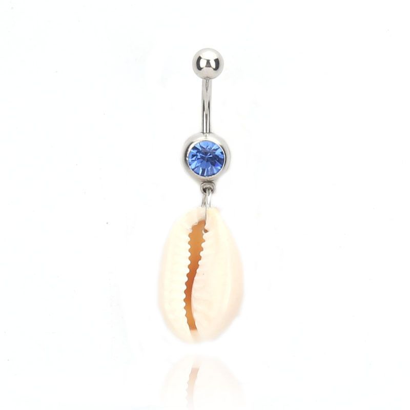 Seashell Design Gold Plated Enamel Blue Crystal Gem Dangle Belly Button Ring