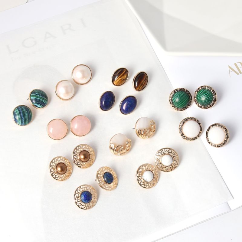 Semi-Precious Stones Peacock Malachite Turquoise Pearl Shell Button Stud Earrings for Women Daily Opal Earrings Outfit Jewelry
