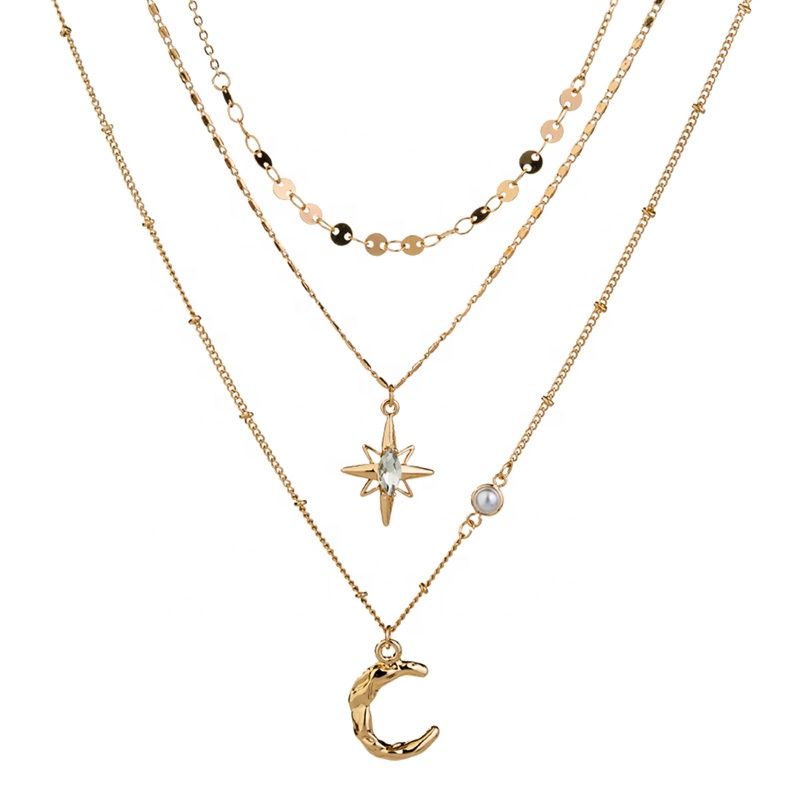 Sept Multilayer Crystal Pendant Necklace for Women Gold Plated Star Moon Crescent Choker Necklaces Jewelry