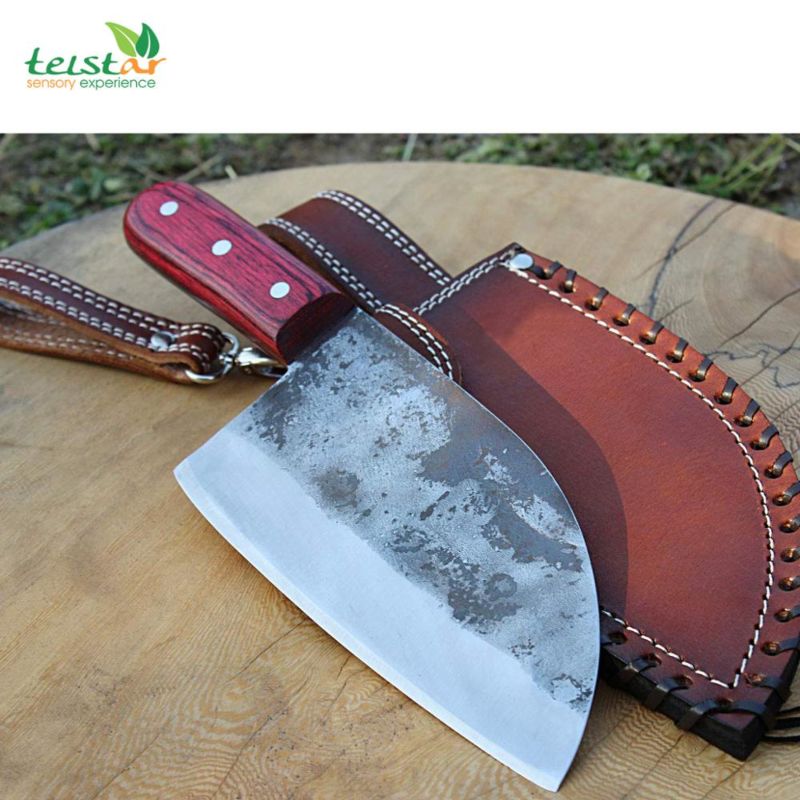 Serbian Butcher Cleaver Knife Hand Forged Kitchen Chef Knife in High Carbon Steel with Original Leather Sheath