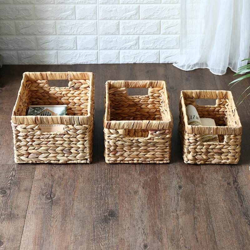Set of 3 Natural Water Hyacinth Storage Bins Rectangular Basket