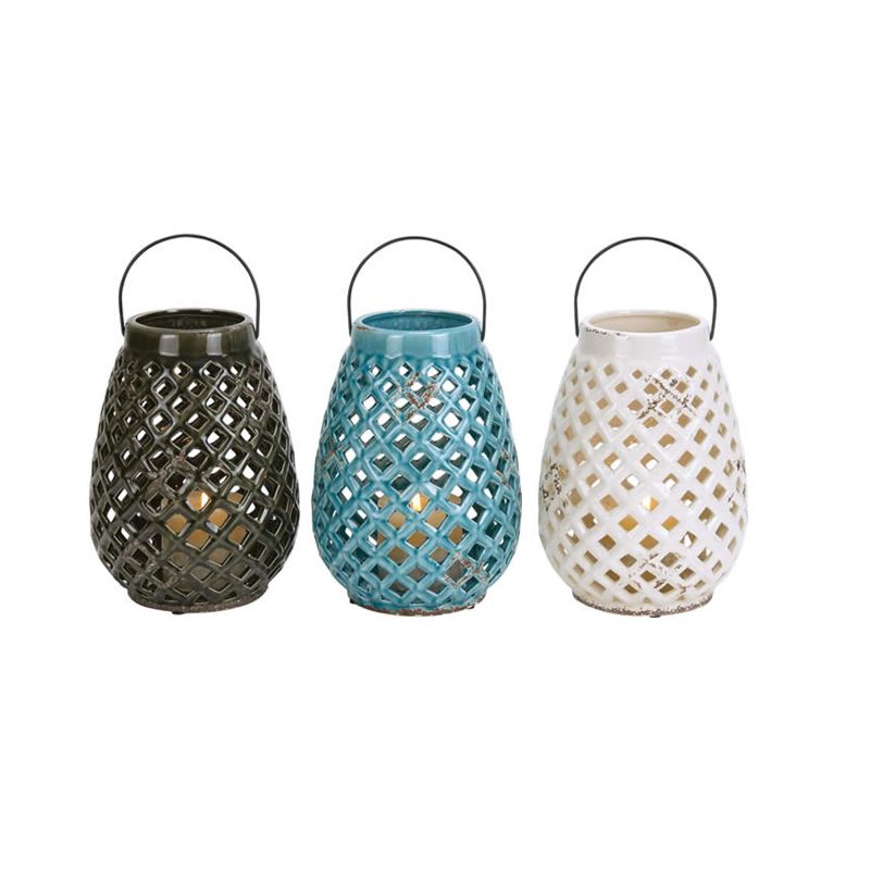Set of Three Tall Assorted Color Rounded Ceramic Lanterns