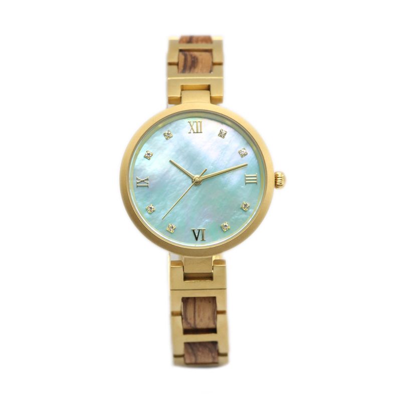 Shenzhen Gold Diamond Stainless Steel Wood Women Watch with Mop Dial