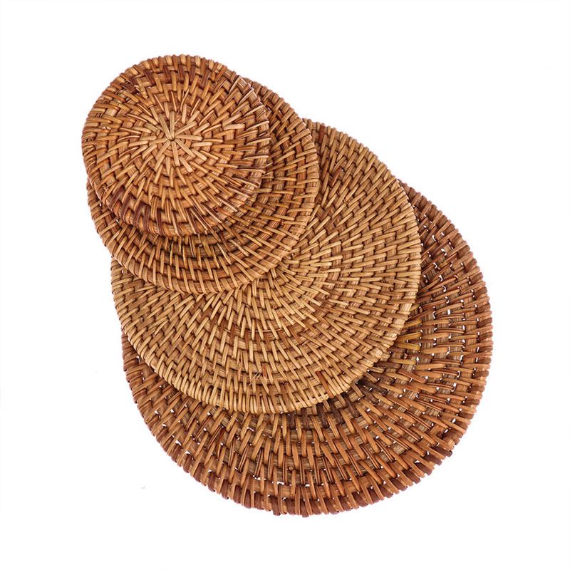 Shg Natural Handwoven Wicker Glass round Bamboo Rattan Coaster Set