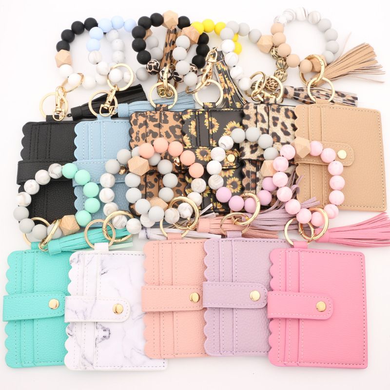 Silicone Bead Pu Bracelet Card Holder Purse Leopard Print Tassel Wallet Leather Keychain