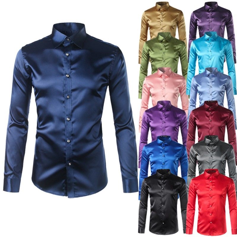 Silk Satin Long Sleeve Slim Fit Dress Luxury Shirts for Men